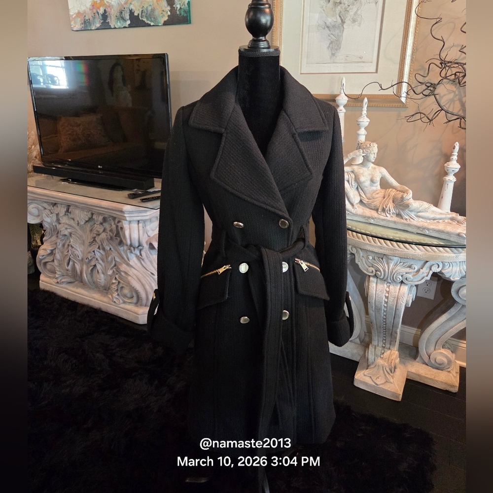Guess Wool Blend Peacoat Brushed Metal Hardware Belted Textured Material #102